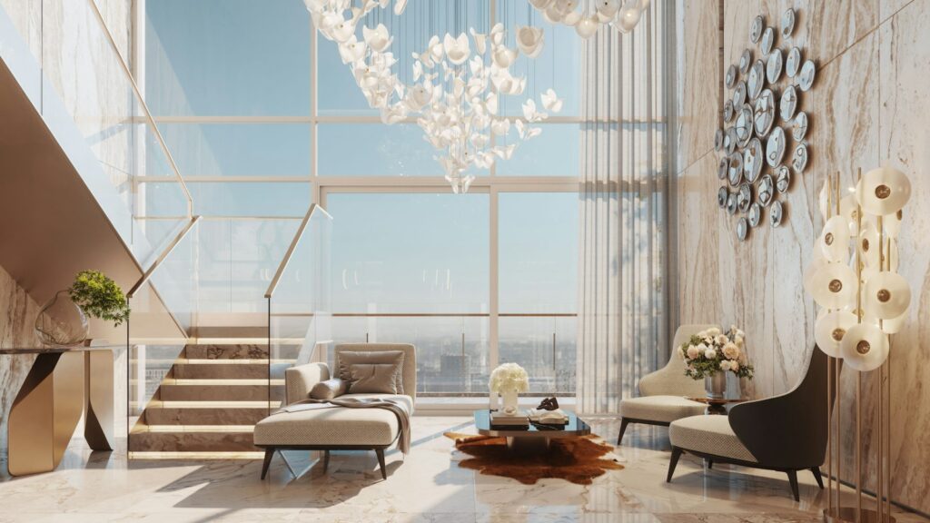 Modern double-height living room with a staircase fitted with glass railings and step lighting