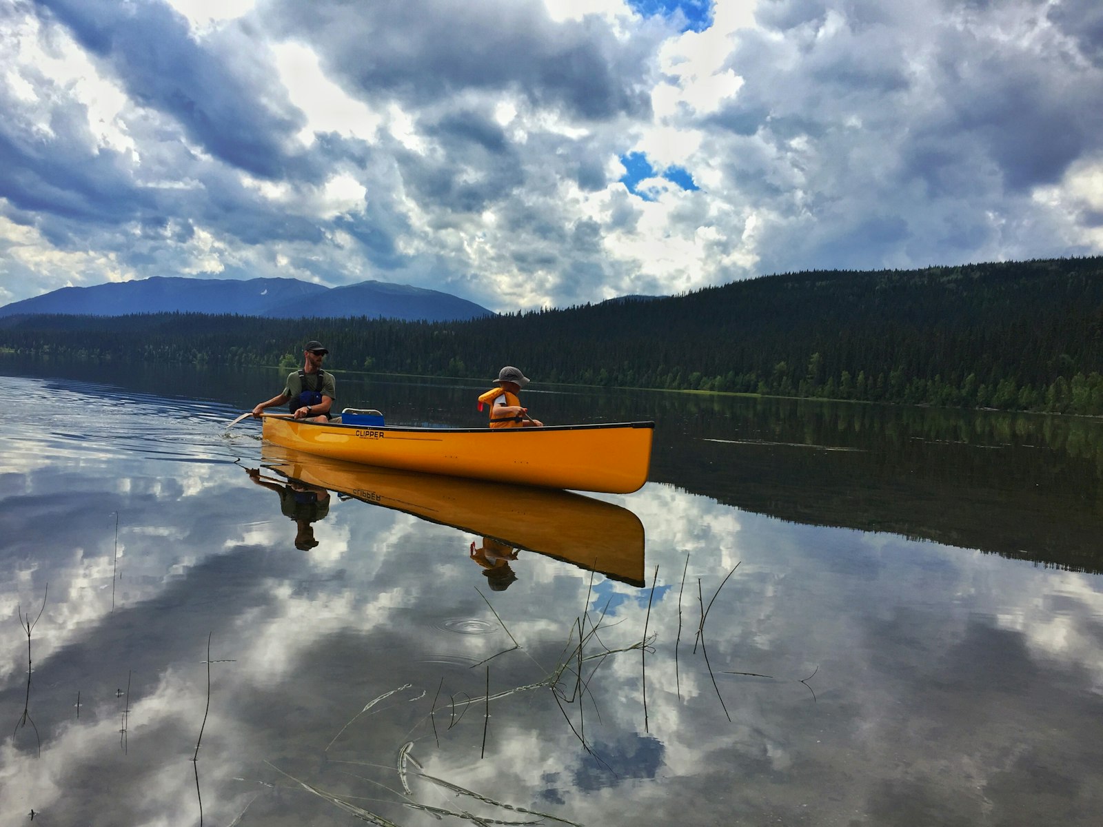 Two people paddling a canoe together on a calm lake
